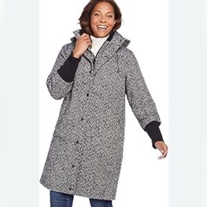 WOMAN WITHIN coat, 1X black and gray herringbone. Zipper, snap, detachable hood.